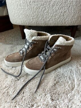 Marc Fisher Tan Suede Faux Shearling High-Top Sneakers
